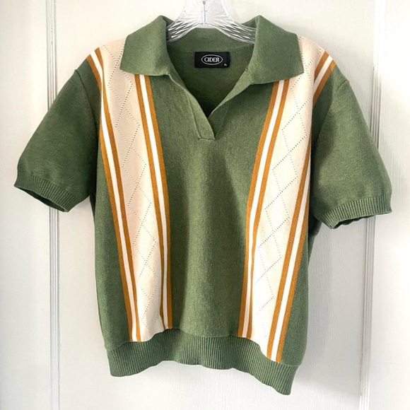 Cider Tops - Cider XL Retro Green Knit Polo Sweater | 70s Striped Golf Core Top